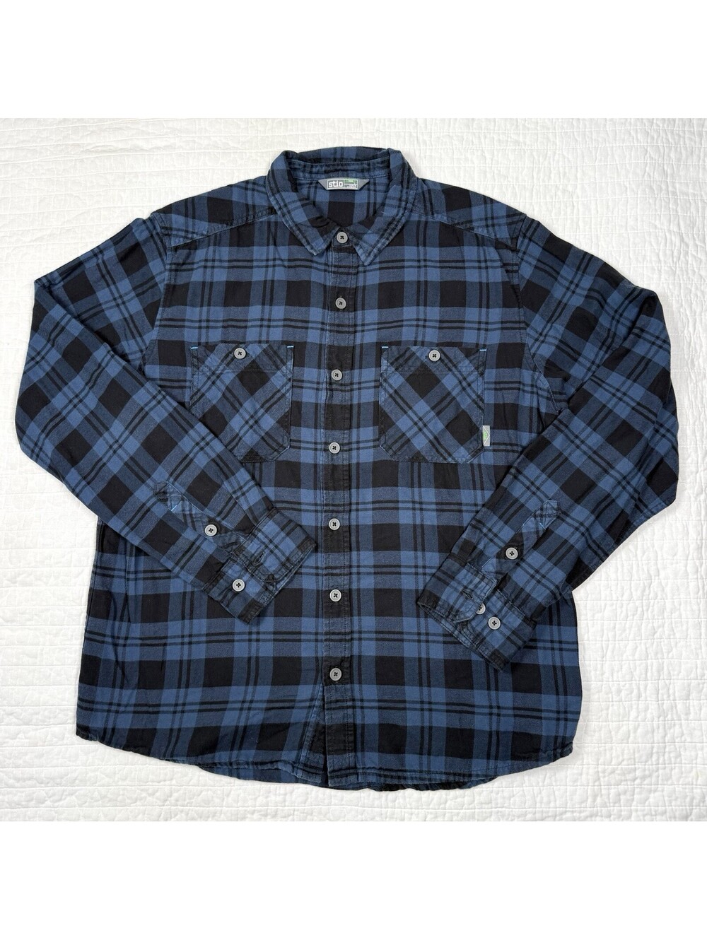 Stio Mens L Miter Flannel Shirt Abyss Plaid Blue Black Organic Cotton Outdoor